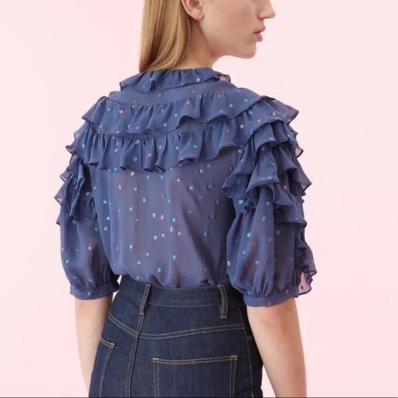 NWT Womens Size 10 Rebecca Taylor Pure Silk Glitter Gem Chiffon Ruffle Blouse - Picture 3 of 5